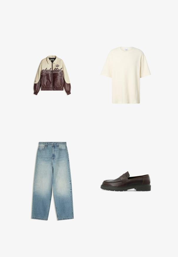Veste en cuir bicolore avec corps crème et manches bordeaux, logo texte sur le devant, fermeture éclair, poignets et ourlet élastiqués.; Haut en maille texturée de couleur crème à manches courtes, col rond, coupe décontractée avec un logo discret en relief sur la poitrine.; Jean bleu clair taille haute à jambes larges avec un délavé, fermeture frontale à boutons, et design à cinq poches.; Mocassins en cuir brun foncé avec une finition texturée, bout arrondi et semelle en caoutchouc noir épais. Présente un accent décoratif en couture.