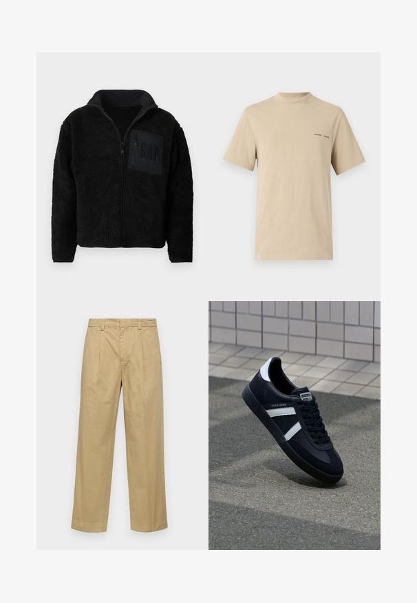 Veste polaire noire zippée avec tissu texturé et une poche poitrine zippée arborant un discret logo "GAP".; T-shirt en coton beige avec un col rond et des manches courtes. Arbore un logo textuel subtil "SAMSOE" en noir sur la poitrine.; Pantalons en coton beige avec une coupe droite, dotés de plis avant et de poches latérales. Le tissu a une texture lisse et douce.; Sneaker en cuir noir avec des rayures blanches, semelle en caoutchouc texturée et devant à lacets. Présente une étiquette de marque sur la languette.