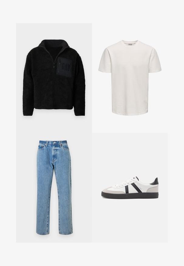 Veste polaire noire zippée avec tissu texturé et une poche poitrine zippée arborant un discret logo "GAP".; T-shirt blanc uni à manches courtes et texturé, col rond, présenté sur fond neutre, sans logos ni motifs visibles.; Jeans en denim bleu clair avec une coupe droite, comprenant cinq poches, une fermeture éclair et des accents en métal cuivré. Détails usés tout au long.; Baskets blanches avec des accents noirs et gris, présentant un embout texturé gris, une semelle en caoutchouc noir et des lacets plats blancs. Design épuré, style minimaliste.