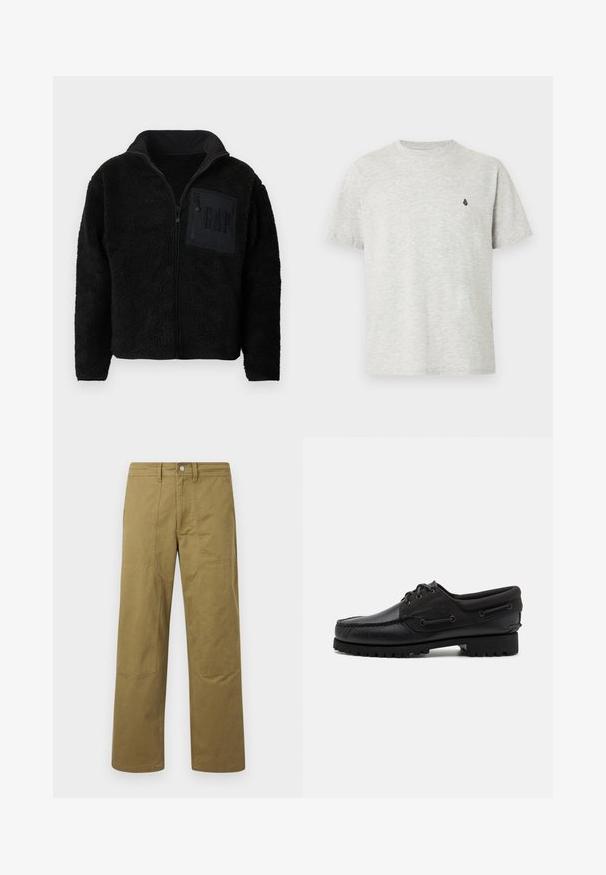 Veste polaire noire zippée avec tissu texturé et une poche poitrine zippée arborant un discret logo "GAP".; T-shirt en coton gris clair à manches courtes, col rond et un petit logo noir sur la poitrine gauche. Texture lisse.; Pantalon kaki à jambe droite avec des détails de coutures visibles, des passants de ceinture, une fermeture par bouton à l'avant, et des panneaux en forme de patchs aux genoux.; Chaussure noire avec un dessus en cuir, des accents textiles, des lacets ronds et une semelle en caoutchouc texturé. Présente des coutures mocassins et des détails de marque.