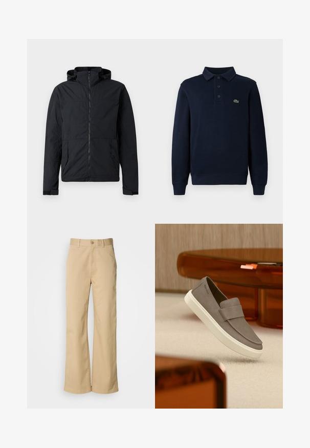 Zwarte jas met een ritssluiting aan de voorkant, capuchon en elastische manchetten. Voorzien van twee zijzakken en een textuur van lichtgewicht stof.; Marineblauwe lange mouwen polo shirt met knoopsluiting en klein groen krokodillenlogo op de borst.; Beige, wijde broek gemaakt van een katoenmix. Voorzien van een knoopsluiting en riemlussen. Soepele textuur, met minimale stikseldetails.; Grijze suède instapschoen met witte zool, zwevend boven een beige tapijt, met doorschijnend oranje meubilair op de achtergrond.