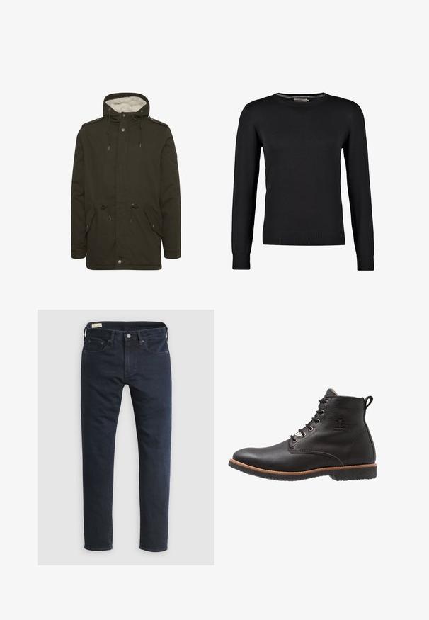 Mørkegrøn parka-jakke med en blød hvid foring, frontlommer, snøre i taljen og trykknaplukninger. Fremstillet af slidstærkt stof.; Sort strikket sweater med lange ærmer, rund halsudskæring samt ribbede manchetter og bund. Glat tekstur og tætsiddende design.; Mørkeblå denimjeans med straight-leg snit, fem-lomme design, frontknaplukning og minimalistiske syningsdetaljer.; Sorte læder ankelstøvle med struktureret finish, snøredesign, gummisål og kontrasterende brun midtersål. Har logo-detalje på siden.
