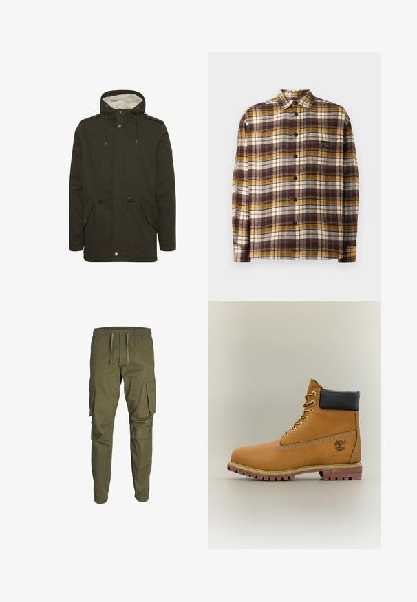 Parka de couleur vert foncé avec une doublure en peluche blanche, des poches avant, une taille à cordon de serrage et des fermetures à boutons-pression. Fabriquée en tissu résistant.; Chemise à carreaux marron, jaune et blanche à boutons, en tissu ; avec un col, des manches longues et des boutons à l'avant. Petite étiquette logo sur la poitrine.; Pantalons cargo verts olives en tissu léger. Dotés d'une taille élastique, d'un cordon de serrage ajustable et de deux poches latérales.; Bottine en cuir marron avec col noir, lacets jaunes et semelle beige. Présente un logo et des détails de couture blanche. Semelle extérieure à traction robuste.