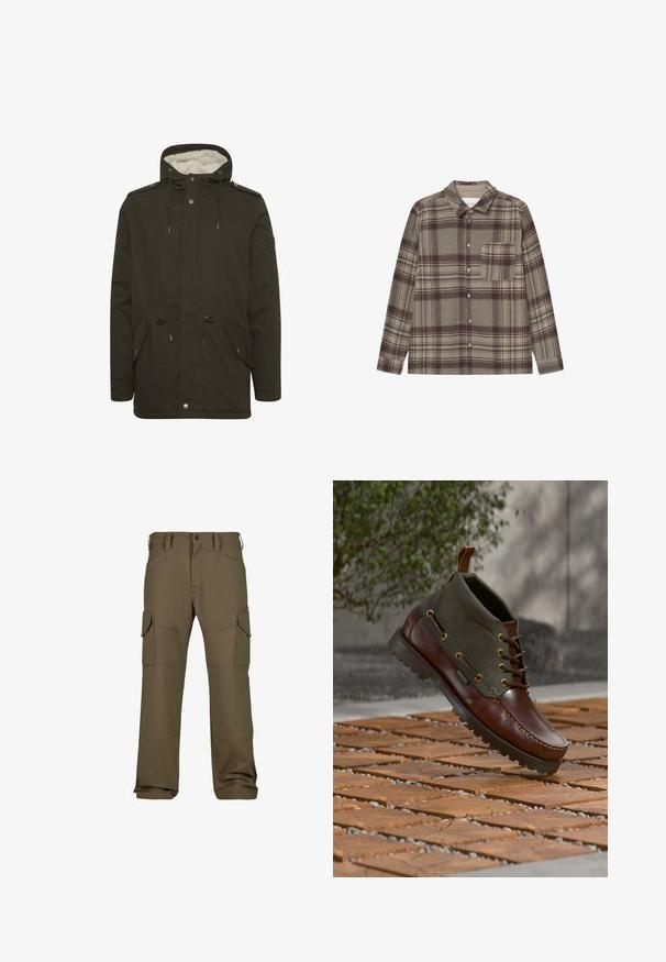 Parka de couleur vert foncé avec une doublure en peluche blanche, des poches avant, une taille à cordon de serrage et des fermetures à boutons-pression. Fabriquée en tissu résistant.; Chemise en flanelle à carreaux marron avec un col classique, manches longues, fermeture à boutons et une poche poitrine. Texture douce avec des motifs subtils.; Pantalons cargo en vert olive foncé, avec plusieurs poches, des coutures renforcées, une coupe droite et un tissu à texture lisse.; Botte en cuir marron et tissu vert olive avec semelle épaisse, lacets et languette, suspendue au-dessus du sol en bois et en pierre en extérieur.