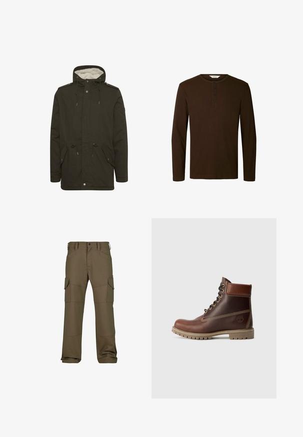 Mørkegrøn parka-jakke med en blød hvid foring, frontlommer, snøre i taljen og trykknaplukninger. Fremstillet af slidstærkt stof.; Mørkebrun henley-shirt med lange ærmer, rund halsudskæring og fire sorte knapper foran i midten.; Cargo bukser i mørke olivengrøn med flere lommer, forstærket syning, lige pasform og en glat tekstureret stof.; Brun læder snørebånd ankelstøvle med polstret krave, kontrastsyning og robust sål, vist fra ydersiden på en hvid baggrund.