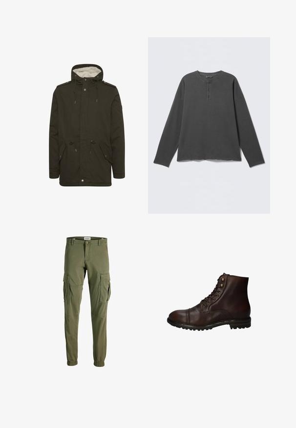 Mørkegrøn parka-jakke med en blød hvid foring, frontlommer, snøre i taljen og trykknaplukninger. Fremstillet af slidstærkt stof.; Mørkegrå langærmet henley-shirt med rund halsudskæring og tre knapper på frontpladen.; Olivengrøn cargo bukser lavet af blødt materiale, med sidelommer, elastiske ankelmanchetter og et klassisk tætsiddende design.; Mørkebrun læder snørebånd ankelstøvle med robuste gummisål og metaløjer, set fra den ydre side.