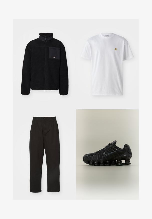 Ellesse VITERBO - Winterjas - black; Witte katoenen t-shirt met korte mouwen en ronde hals, voorzien van een klein gouden logo op de linkerkant van de borst. Zachte textuur en een normale pasvorm.; Zwarte broek van gladde stof, met knoopsluiting, rechte snit en twee voorplooien voor extra detail.; Zwarte Nike hardloopschoen met veerachtige segmentenzool, mesh bovenwerk en bijpassend zwart swoosh-logo aan de zijkant.