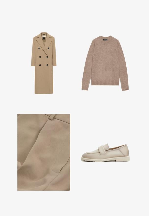 Beige uldblanding dobbeltbrystet frakke med notch revers, sorte knapper og sidelommer. Lige snit og mellemlang design. Foret indeni.; Lys brun sweater med rund hals, lavet af blødt stof, med ribbede manchetter og kant. Simpelt design med en struktureret overflade.; Reiss PETITE FIT - EDEN ELASTICATED WAIST WIDE - Bukser - mink neutral; Beige læder loafers med en jævn tekstur, der har et forhøjet bånd over forgabreren og en lav, flad gummisål.