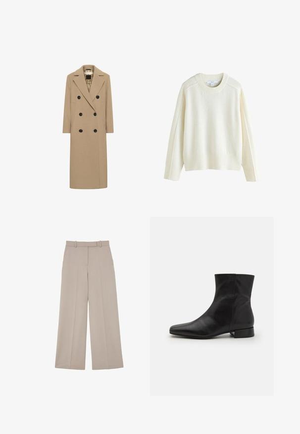 Beige uldblanding dobbeltbrystet frakke med notch revers, sorte knapper og sidelommer. Lige snit og mellemlang design. Foret indeni.; Next CREW NECK - Striktrøje - ecru; Beige bukser med vide ben, bæltestropper, forlommer og presning ned langs midten af hvert ben.; Sort læder ankelstøvle med spids tå, glat tekstur, minimalistisk design og en lav blokhæl. Sidelukning går op til anklen.