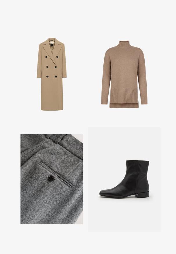 Beige uldblanding dobbeltbrystet frakke med notch revers, sorte knapper og sidelommer. Lige snit og mellemlang design. Foret indeni.; Brun rullekravesweater lavet af blødt strikmateriale, med ribbet detaljer ved kraven og kanten, en afslappet pasform og lagdelt design.; Grå uldbukser med flad front, en enkelt baglomme med en sort knap og en blød, tekstureret finish.; Sort læder ankelstøvle med spids tå, glat tekstur, minimalistisk design og en lav blokhæl. Sidelukning går op til anklen.