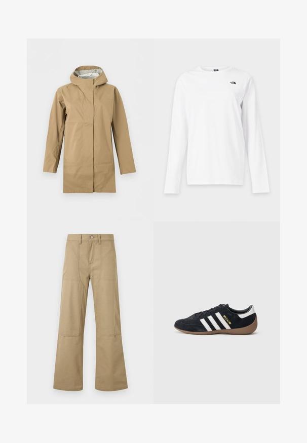 Imperméable long beige avec capuche, fermeture éclair frontale recouverte d'un rabat, et manches longues, présenté sur un fond blanc.; T-shirt blanc à manches longues avec col rond et petit logo noir The North Face sur le côté gauche de la poitrine.; Pantalon beige taille haute à jambes larges avec poches plaquées à l'avant, passants pour ceinture et fermeture à boutons. Tissu simple et durable avec coutures visibles.; Baskets en daim noir avec trois bandes blanches, semelle en caoutchouc beige, et un petit logo doré sur le côté. Dotées d'une doublure intérieure noire lisse.