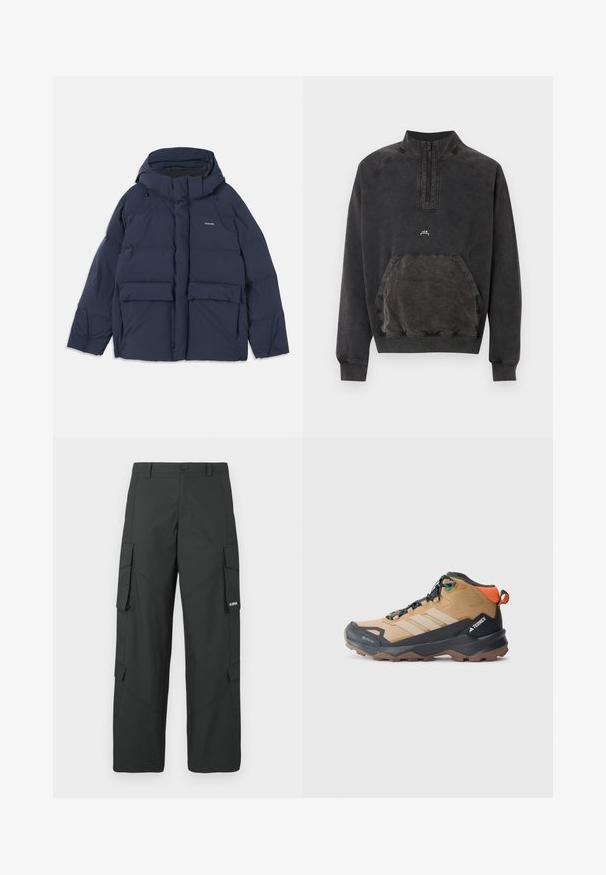 Doudoune bleu marine avec capuche, dotée de deux grandes poches avant et d'une fermeture éclair. Le matériau semble lisse et isolant.; Sweat-shirt noir délavé à demi-fermeture éclair, poche kangourou, poignets et ourlet côtelés, avec petit logo « A C W » sur la poitrine.; Pantalons cargo noirs à jambes droites avec poches latérales à rabat, fermeture à bouton, passants de ceinture et petit logo blanc sur le rabat de la poche droite.; Botte de randonnée marron et noire avec des panneaux en mesh, trois bandes blanches, un renfort au niveau des orteils et une semelle en caoutchouc texturée pour une meilleure adhérence.