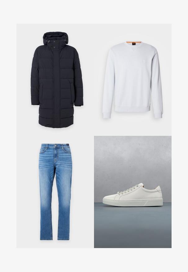 Marineblauwe gewatteerde jas met een capuchon, horizontaal gestikte ontwerp, twee zijzakken en knoopsluitingen. Gemaakt van textuur, geïsoleerd materiaal.; Witte sweatshirt met lange mouwen, ronde hals en subtiele logo patch. Soepele textuur en geribbelde manchetten en zoom voor een aangesloten look.; Lichtblauwe denim jeans met een rechte pasvorm, vijf zakken, sluiting met een knoop aan de voorkant en subtiele vervaging op de dijen.; Witte leren sneaker met een ronde neus, minimalistisch ontwerp, grijze veters en een gestructureerde grijze rubberen zool. Fijne stikdetails zichtbaar.