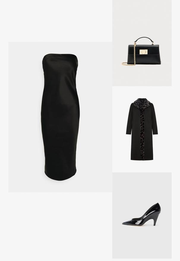 Abrigo largo negro con un collar de piel sintética de estampado de leopardo y panel frontal, que presenta bolsillos laterales y una silueta recta y elegante.; Gina Tricot TUBE MIDI DRESS - Vestido de cóctel - black; Zapato de tacón alto de charol negro con punta afilada y tacón curvado, con una superficie lisa y reflectante.; Bolso de mano de cuero negro con una forma estructurada, que cuenta con un asa superior y una correa de cadena en tono dorado. Herrajes decorativos dorados con detalle de logo.