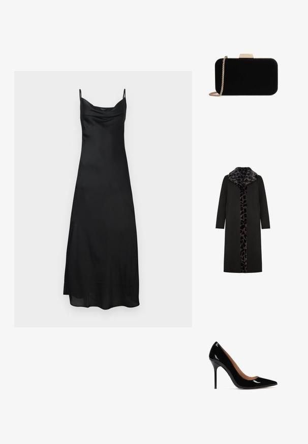 Abrigo largo negro con un collar de piel sintética de estampado de leopardo y panel frontal, que presenta bolsillos laterales y una silueta recta y elegante.; Vestido de satén negro sin mangas con tirantes finos, escote en cowl y una silueta fluida. La tela tiene una textura suave y brillante.; Zapato de tacón alto de charol negro con punta afilada y silueta elegante. Cuenta con un tacón de aguja y un interior suave.; Clutch de terciopelo negro con herrajes en tono dorado, de forma rectangular y con correa de cadena, que presenta una textura suave y sin patrones visibles.