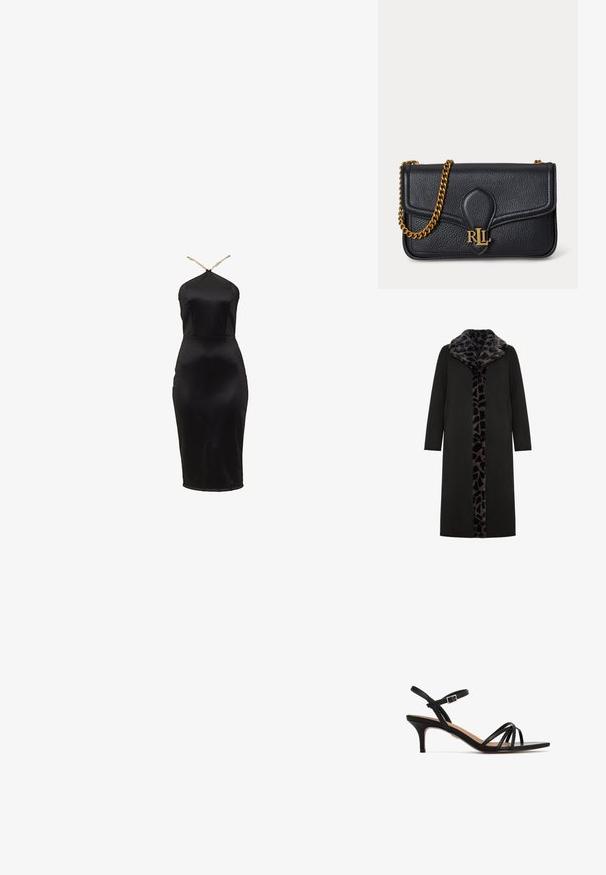 Sort lang frakke med leopard-mønstret faux fur-krave og frontpanel, med sidelommer og en slank, lige silhuet.; Sort satin bodycon-kjole med halterneck-design. Har en figursyet silhuet og en diskret glans. Tynde gyldne stropper fremhæver udskæringen.; Sorte sandaler med hæl og små hæle, der har en slank ankelrem og krydsende forreste remme på en glat, flad sål.; Sort tekstureret læder skuldertaske med guldkæde strop og guld RLL-logo på frontflappen.