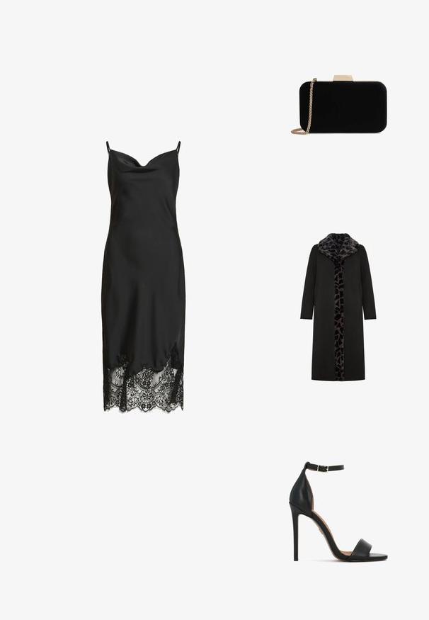 Abrigo largo negro con un collar de piel sintética de estampado de leopardo y panel frontal, que presenta bolsillos laterales y una silueta recta y elegante.; Vestido negro de satén tipo lencería con tirantes finos y encaje en el bajo, con escote drapeado y largo midi.; Sandalia de tacón alto de piel negra con una estrecha correa en el tobillo, diseño de punta abierta y tacón de aguja elegante. Textura lisa con acentos mínimos.; Clutch de terciopelo negro con herrajes en tono dorado, de forma rectangular y con correa de cadena, que presenta una textura suave y sin patrones visibles.