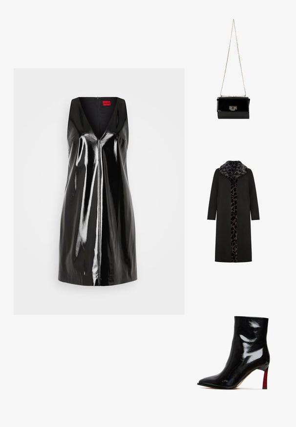 Sort lang frakke med leopard-mønstret faux fur-krave og frontpanel, med sidelommer og en slank, lige silhuet.; Sort, ærmeløs kjole med V-udskæring og blank, reflekterende overflade; har en central lynlås og minimalistisk design.; Sort laklæder ankelstøvle med spids tå og en rød detalje på stilethælen. Glat tekstur og elegant design.; Sort patentlæder håndtaske med en guldkæde-strop, rektangulær form, med en frontklaplukning og et metallisk logo-accent.
