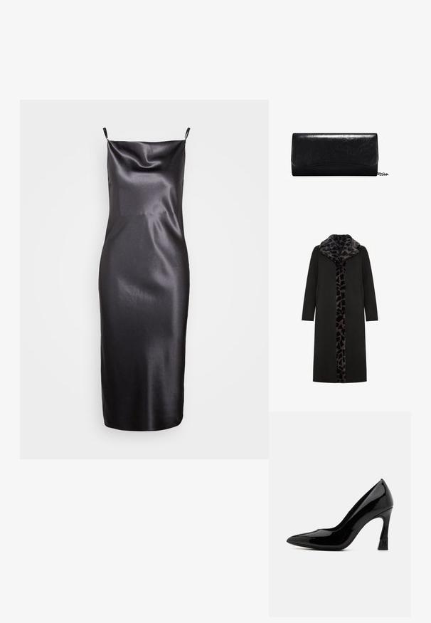 Abrigo largo negro con un collar de piel sintética de estampado de leopardo y panel frontal, que presenta bolsillos laterales y una silueta recta y elegante.; Samsøe Samsøe FREDERICKA LONG DRESS - Vestido de cóctel - ombre dark; Zapato de tacón alto de charol negro con punta afilada y tacón cuadrado que presenta un acento de logo. Textura de superficie suave y brillante.; Clutch de cuero negro con una textura suave, forma rectangular y detalles con borde en la parte delantera. Incluye una correa de cadena desmontable.