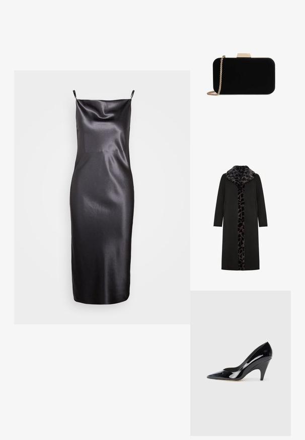 Sort lang frakke med leopard-mønstret faux fur-krave og frontpanel, med sidelommer og en slank, lige silhuet.; Samsøe Samsøe FREDERICKA LONG DRESS - Cocktailkjole / festkjole - ombre dark; Sorte patentlæder højhælede sko med spids tå og buet hæl, der har en glat, reflekterende overflade.; Sort velour clutch med guldfarvede detaljer, rektangulær form og kædestrop, der har en glat tekstur og ingen synlige mønstre.