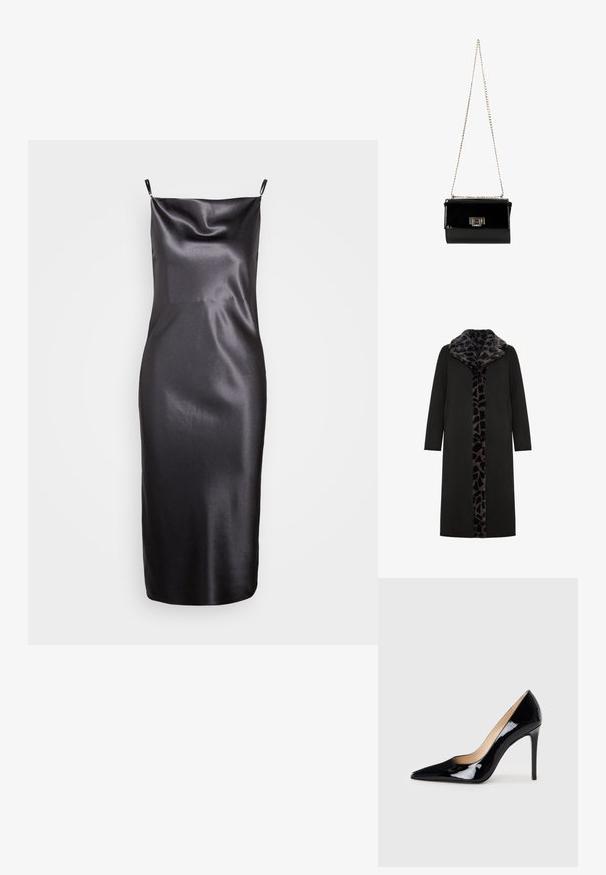 Sort lang frakke med leopard-mønstret faux fur-krave og frontpanel, med sidelommer og en slank, lige silhuet.; Samsøe Samsøe FREDERICKA LONG DRESS - Cocktailkjole / festkjole - ombre dark; Sorte lakerede højhælede sko med en spids tå-design og en strømlinet silhuet. Har en glat, skinnende finish og en slank stiletto-hæl.; Sort patentlæder håndtaske med en guldkæde-strop, rektangulær form, med en frontklaplukning og et metallisk logo-accent.