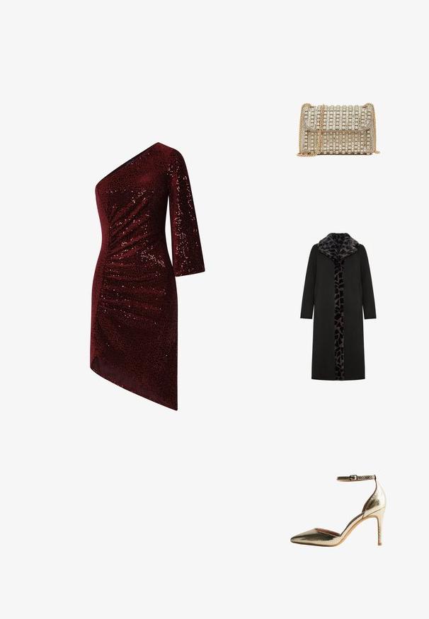 Sort lang frakke med leopard-mønstret faux fur-krave og frontpanel, med sidelommer og en slank, lige silhuet.; Bordeaux paljetkjole med asymmetrisk design med én skulder, rynket tekstur og en skrå kant. Glat stof med glitrende detaljer.; Guldteksturerede højhælede pumps med spids tå og ankelrem. Har en glat inderside og en slank stilettohæl.; Lille rektangulær aftentask med kæderem i guldfarve, dekoreret med rækker af krystaller og perler på klap og krop.