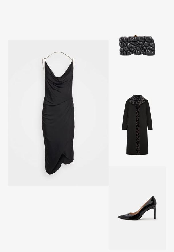 Sort lang frakke med leopard-mønstret faux fur-krave og frontpanel, med sidelommer og en slank, lige silhuet.; Et Ochs ILA CHAIN COWL NECK MIDI DRESS - Cocktailkjole / festkjole - black; Sort laklæder pumps med høje hæle, spids snude og stilethæl, vist i sideprofil på en ensfarvet hvid baggrund.; Skinnende sort clutch taske med en abstrakt, tekstureret overflade og en lille metallukning på toppen, vist mod en hvid baggrund.