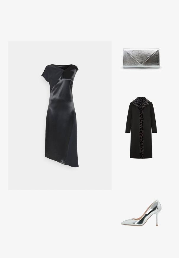 Abrigo largo negro con un collar de piel sintética de estampado de leopardo y panel frontal, que presenta bolsillos laterales y una silueta recta y elegante.; Calvin Klein NAIA SHINE MIDI DRESS - Vestido de cóctel - black; Zapato de salón plateado metálico con punta afilada, tacón de aguja delgado y acabado liso y brillante.; Bolso de mano sobre metálico plateado con acabado texturizado, forma rectangular y cierre de solapa triangular.