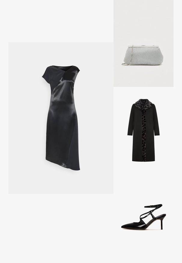 Sort lang frakke med leopard-mønstret faux fur-krave og frontpanel, med sidelommer og en slank, lige silhuet.; Calvin Klein NAIA SHINE MIDI DRESS - Cocktailkjole / festkjole - black; Sorte laklæder højhælede sko med spids tå, ankelrem og udskæringsdesign; har en stiletto hæl og glat overflade.; Sølv mesh clutch taske med en afrundet form, metalramme og aftagelig kæde. Har funklende detaljer med en glat overflade.