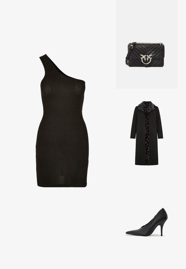 Abrigo largo negro con un collar de piel sintética de estampado de leopardo y panel frontal, que presenta bolsillos laterales y una silueta recta y elegante.; Urban Classics ONE SHOULDER - Vestido de tubo - black; Zapato de tacón alto de cuero negro con punta puntiaguda, detalle de borde festoneado y tacón de aguja delgado sobre fondo blanco.; Bolso de mano de cuero negro acolchado con un patrón de chevron, herrajes de plata y un motivo de ave único en la parte frontal. Cuenta con una correa de cadena.