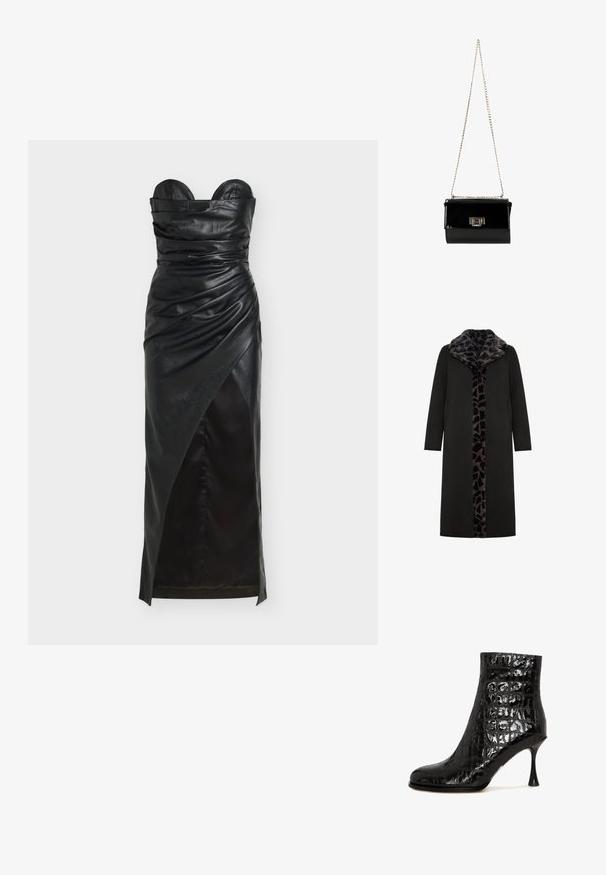 Sort lang frakke med leopard-mønstret faux fur-krave og frontpanel, med sidelommer og en slank, lige silhuet.; Sort læder stropløs kjole med rynkede detaljer, asymmetrisk kant og glat tekstur. Har en struktureret overdel og elegant silhuet.; Sort ankelstøvle med et blankt, struktureret krokodilmønster, spidse tå og en unik stilettohælfod. Fremstillet af syntetisk materiale.; Sort patentlæder håndtaske med en guldkæde-strop, rektangulær form, med en frontklaplukning og et metallisk logo-accent.