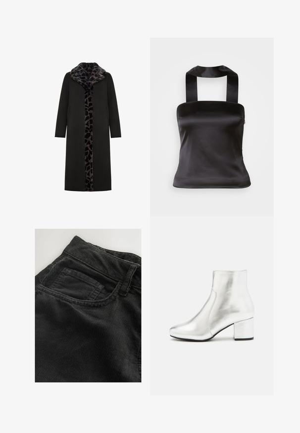 Abrigo largo negro con un collar de piel sintética de estampado de leopardo y panel frontal, que presenta bolsillos laterales y una silueta recta y elegante.; Top de satén negro con escote cuadrado y tirantes anchos que se atan en la espalda. Textura suave y diseño ajustado para una silueta estilizada.; Pantalones de pana negra con estrías horizontales, una cinturilla y un pequeño bolsillo frontal, que presentan una textura suave y una costura resistente.; Botín plateado de cuero brillante, con punta redonda y tacón cuadrado. Textura suave con detalles de costura mínimos.