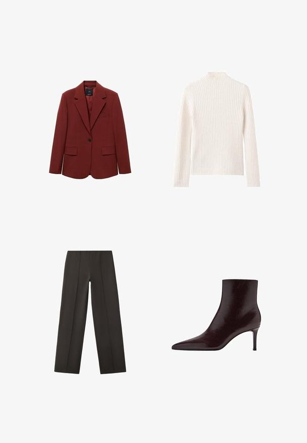 Rød struktureret blazer, med en enkelt knaplukning, udskårne revers, to forlommer, tekstureret vævet stof og en brystlomme detalje.; Ribstrikket rullekravesweater i off-white, lavet af blødt strikstof. Har lange ærmer og en tætsiddende silhuet.; Sorte højttaljede bukser med lige ben og lodrette sømdetaljer, vist fladt på en hvid baggrund.; Bordeaux læder ankelstøvle med spids tå, slankt design og høj stilettohæl. Glat tekstur med subtile korndetaljer.