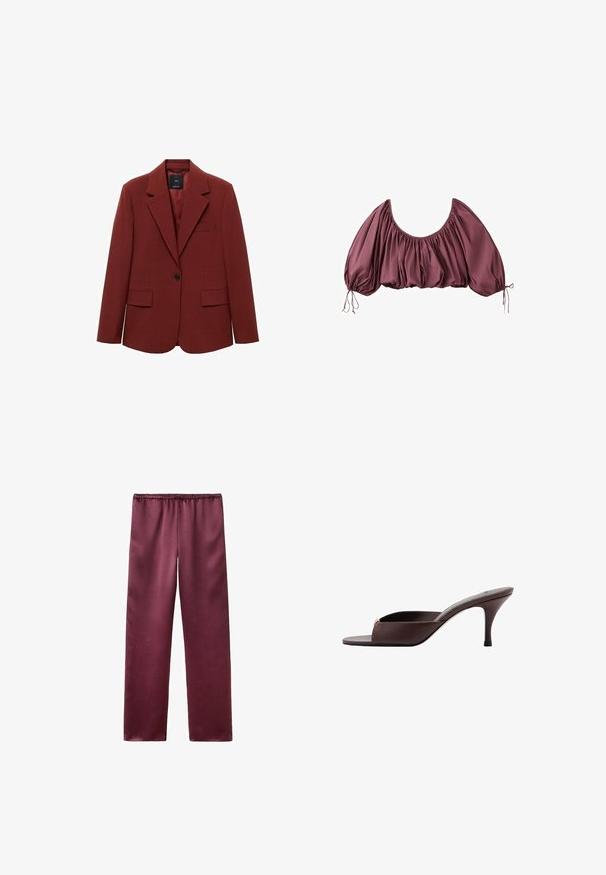 Rød struktureret blazer, med en enkelt knaplukning, udskårne revers, to forlommer, tekstureret vævet stof og en brystlomme detalje.; Beskåret, off-shoulder bluse i dyb mauve med samlet stof og elastiske pufærmer, bundet ved håndleddene.; Vinrøde satinbukser med lige ben og elastisk talje, glat tekstur, uden synlige lommer eller pynt.; Mørkebrun mule med åben tå, lav buet hæl og bred rem foran.