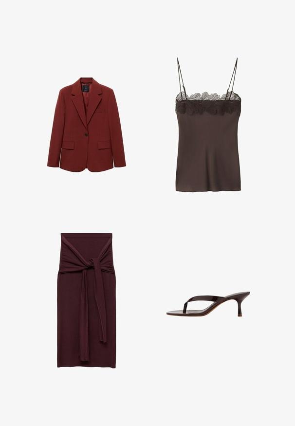 Rød struktureret blazer, med en enkelt knaplukning, udskårne revers, to forlommer, tekstureret vævet stof og en brystlomme detalje.; Brun ærmeløs camisole-top med tynde stropper og delikat blonderkant langs udskæringen.; Bordeauxkjole med en knyttet detalje i taljen, lavet af et glat, strækbart stof. Fittet silhuet med lige længde.; Sort laklæder sandal med tårem og en slank mellemhøj kittenhæl, vist fra siden på en hvid baggrund.