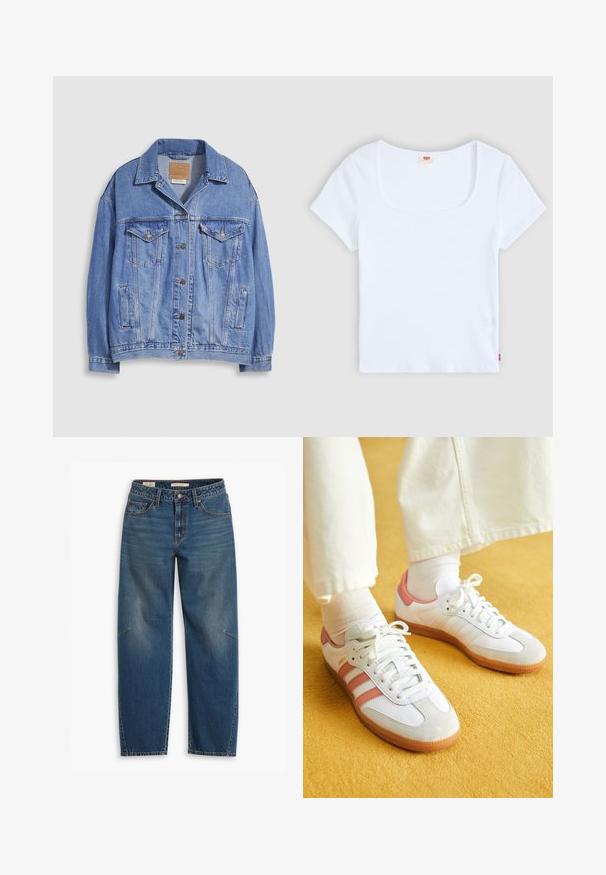 Lichtblauwe spijkerjack met overhemdkraag, knoopsluiting, twee borstzakken en zijzakken. Versleten textuur en zichtbaar merklabel.; Witte korte mouwtop met een vierkante halslijn, gemaakt van ribbelstructuur stof. Heeft een klein rood logo etiket aan de onderkant aan de linkerkant.; Blauwe denim jeans met een relaxte pasvorm, voorzien van een hoge taille, rechte pijpen, zichtbare stiksels en een kleine accent op de linkerknee.; Witte sportschoenen met roze accenten, gemaakt van suede en leer, met een ronde neus en een rubberen zool, weergegeven met lichtgekleurde sokken op een gele achtergrond.