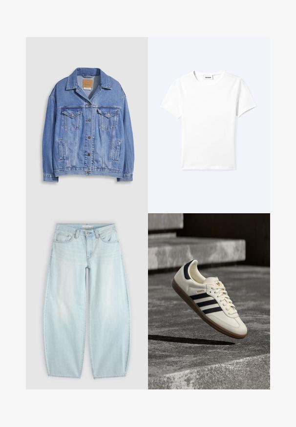 Lichtblauwe spijkerjack met overhemdkraag, knoopsluiting, twee borstzakken en zijzakken. Versleten textuur en zichtbaar merklabel.; Effen wit T-shirt met korte mouwen en ronde hals met een klein "WEEKDAY" label aan de binnenkant van de hals, plat neergelegd op een lichte achtergrond.; Lichtblauwe wijde jeans met knoop- en ritssluiting, voorzakken en riemlussen op een effen achtergrond.; Witte Adidas Samba sneaker met zwarte strepen en gumzool, zwevend boven gestructureerde grijze betonnen treden.