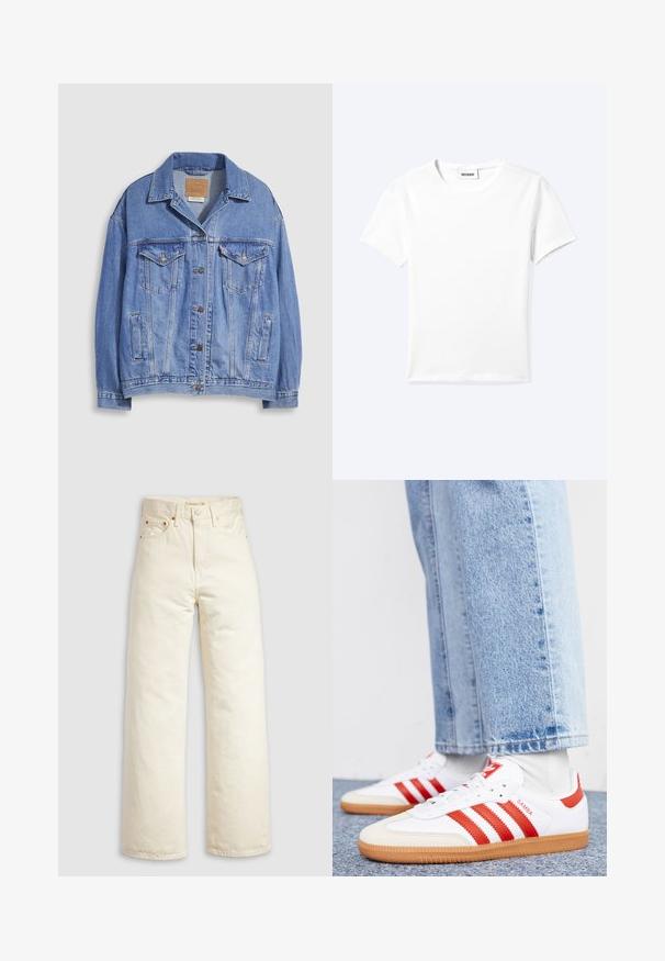 Lyseblå denimjakke med skjortekrave, knaplukning, to brystlommer og sidelommer. Slidt tekstur og synligt mærke.; Ensfarvet hvid t-shirt med korte ærmer og rund halsudskæring med en lille "WEEKDAY" label indeni halskanten, vist fladt på en lys baggrund.; Vidbenede jeans i offwhite denim med høj talje, kobbernitter og klassisk design med fem lommer. Struktureret stof med rene kanter.; Hvide lædersneakers med røde striber og accenter. Har en tekstureret gummisål og polstret krave. Bæres med lyseblå denim.