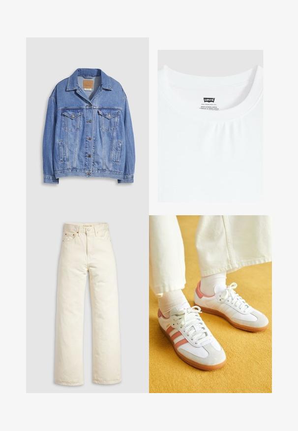 Lichtblauwe spijkerjack met overhemdkraag, knoopsluiting, twee borstzakken en zijzakken. Versleten textuur en zichtbaar merklabel.; Wit t-shirt met ronde hals met het Levi's merkje aan de binnenkant van de kraag genaaid, gemaakt in Bangladesh.; Wijde jeans van off-white denim, met een hoge taille, koperen klinknagels en een klassiek ontwerp met vijf zakken. Gestructureerde stof met nette zomen.; Witte sportschoenen met roze accenten, gemaakt van suede en leer, met een ronde neus en een rubberen zool, weergegeven met lichtgekleurde sokken op een gele achtergrond.