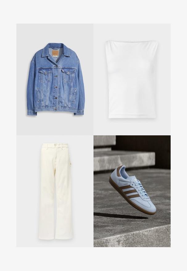 Hellblaue Jeansjacke mit Hemdkragen, Knopfleiste, zwei Brusttaschen und Seitentaschen. Verwaschene Textur und sichtbares Markenetikett.; Weißes ärmelloses Oberteil mit geradem Ausschnitt, aus glattem Stoff gefertigt, mit taillierter Silhouette und ohne sichtbare Beschläge oder Muster.; Good American GOOD 90S CARPENTER - Wide Leg - white denim; Hellblauer Sneaker mit braunen Wildlederakzenten, drei seitlichen Streifen, flachen Schnürsenkeln und einer strukturierten Gummisohle. Markenlogo auf der Zunge.