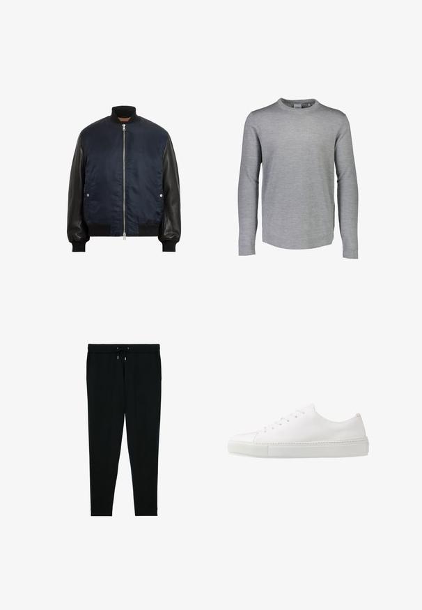 Marineblå bomberjakke med sorte læderærmer, ribbede manchetter og kant, lynlås foran og sidelommer. Glat tekstur med kontrasterende materialer.; Lindbergh CREW NECK - Striktrøje - grey mel; Sorte sweatpants med tilspidset ben, elastisk linning, snøre, sidelommer og elastiske ankler, lagt fladt på en hvid baggrund.; Hvide lædersneakers med en glat finish, rund tå og seks øjer til snørebånd. Har en tekstureret gummisål og et minimalisk design.