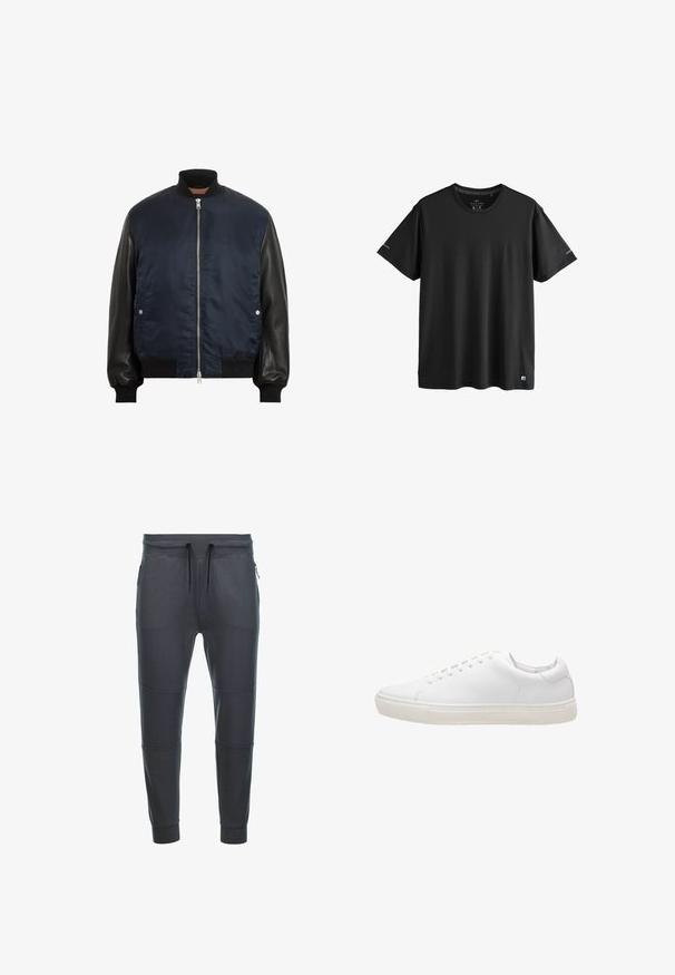 Marine bomberjack met zwarte leren mouwen, geribde manchetten en zoom, ritssluiting aan de voorkant en zijzakken. Soepele textuur met contrasterende materialen.; Zwart actief t-shirt met korte mouwen en ronde hals, met subtiele logo's op de mouwen en onderzoom, maat medium.; Donkergrijze sweatpants van zacht materiaal, met een tailleband met trekkoord, twee zijzakken met rits en paneeldetails op de benen.; Witte leren sneaker met een gladde textuur, ronde neus, vetersluiting en een platte rubberen zool. Minimalistisch ontwerp zonder zichtbare patronen.