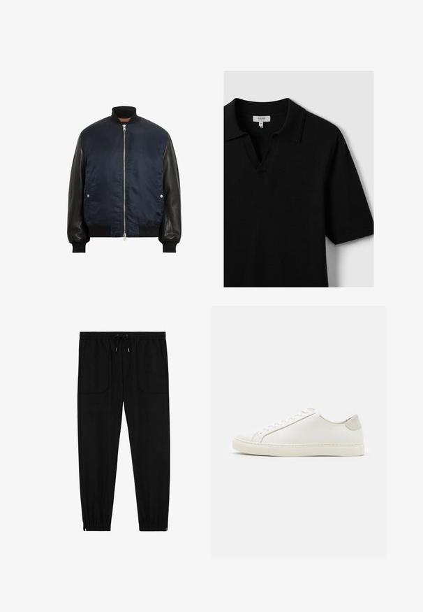 Marine bomberjack met zwarte leren mouwen, geribde manchetten en zoom, ritssluiting aan de voorkant en zijzakken. Soepele textuur met contrasterende materialen.; Zwart kortemouwen poloshirt van zachte stof, met een v-hals en een klassieke kraag, met minimale stiksels en geen zichtbare patronen.; Zwarte joggingbroek met elastische tailleband, koordsluiting, voorzakken met opgestikte zakken en elastische boorden, op een witte achtergrond.; Witte leren sneaker met een gladde oppervlakte, ronde neus en minimalistisch ontwerp. Heeft beige accenten op de hiel en een rubberen zool.
