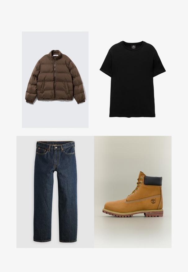 Veste matelassée marron avec col montant, fermeture éclair sur le devant, poignets élastiques et deux poches frontales inclinées sur fond uni.; T-shirt noir à manches courtes avec col rond, étiquette Pull&Bear à l’intérieur du col, posé à plat sur un fond blanc.; Jean en denim bleu foncé avec une coupe droite. Comprend cinq poches, des surpiqûres contrastantes et une fermeture à bouton à la taille.; Bottine en cuir marron avec col noir, lacets jaunes et semelle beige. Présente un logo et des détails de couture blanche. Semelle extérieure à traction robuste.