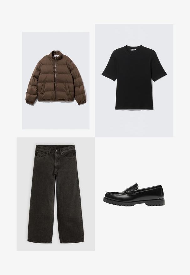 Veste matelassée marron avec col montant, fermeture éclair sur le devant, poignets élastiques et deux poches frontales inclinées sur fond uni.; T-shirt noir à manches courtes avec col rond, portant une étiquette "WEEKDAY" à l'intérieur du col, présenté à plat sur un fond clair.; Jean en denim noir à jambes larges avec bouton et fermeture éclair à l'avant, passants de ceinture, et cinq poches, étalé à plat sur un fond blanc.; Mocassin en cuir noir avec une semelle en caoutchouc épaisse et un détail classique de bride à monnaie, vu de côté extérieur.