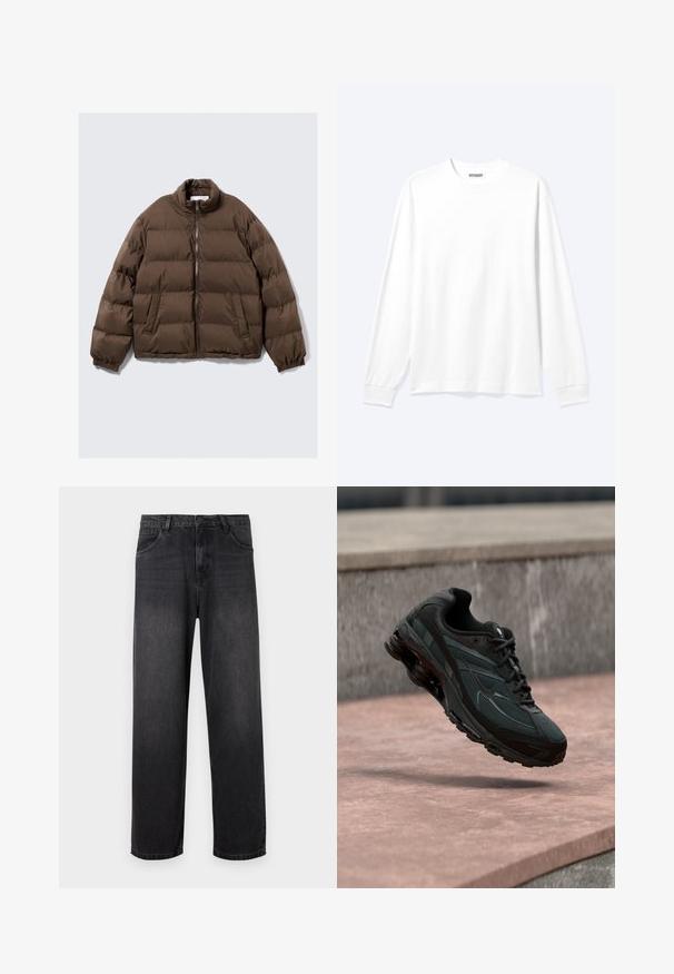 Veste matelassée marron avec col montant, fermeture éclair sur le devant, poignets élastiques et deux poches frontales inclinées sur fond uni.; Chemise blanche unie à manches longues avec col rond et poignets côtelés, présentée sur un fond clair neutre.; Jeans en denim gris foncé avec un design à jambe droite, dotés d'une fermeture éclair, de cinq poches et de légères décolorations sur le tissu.; Baskets athlétiques noires avec une semelle intercalaire à coussin d’air visible flottant au-dessus d’une surface en pierre rose avec un mur en pierre gris en arrière-plan.