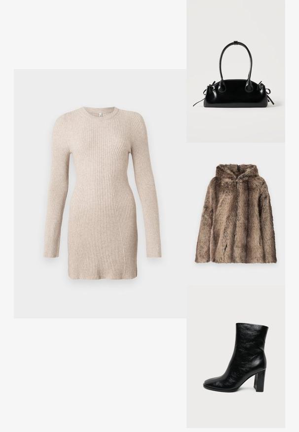Manteau en fausse fourrure aux tons marron, avec une capuche, une texture douce et une coupe décontractée. Le tissu présente des longueurs de poils variées pour plus de détails.; Robe pull longue en tricot côtelé beige à manches longues, avec une taille cintrée et un col rond sur fond blanc.; Bottine en cuir noir brillant avec un bout arrondi et un talon haut épais sur un fond clair uni.; Petit sac à main noir brillant avec deux longues anses et des détails à cordon sur les côtés sur un fond clair uni.