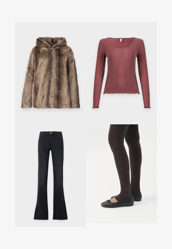 Manteau en fausse fourrure aux tons marron, avec une capuche, une texture douce et une coupe décontractée. Le tissu présente des longueurs de poils variées pour plus de détails.; Haut à manches longues couleur rose poudré, texture côtelée, encolure dégagée, ourlets et poignets festonnés, confectionné en matière tricotée douce.; Jeans noirs taille haute flare avec bouton sur le devant et poches, présentés sur un fond clair uni.; Jambes portant des leggings côtelés foncés associés à des ballerines noires avec de petits détails en nœud sur fond blanc.