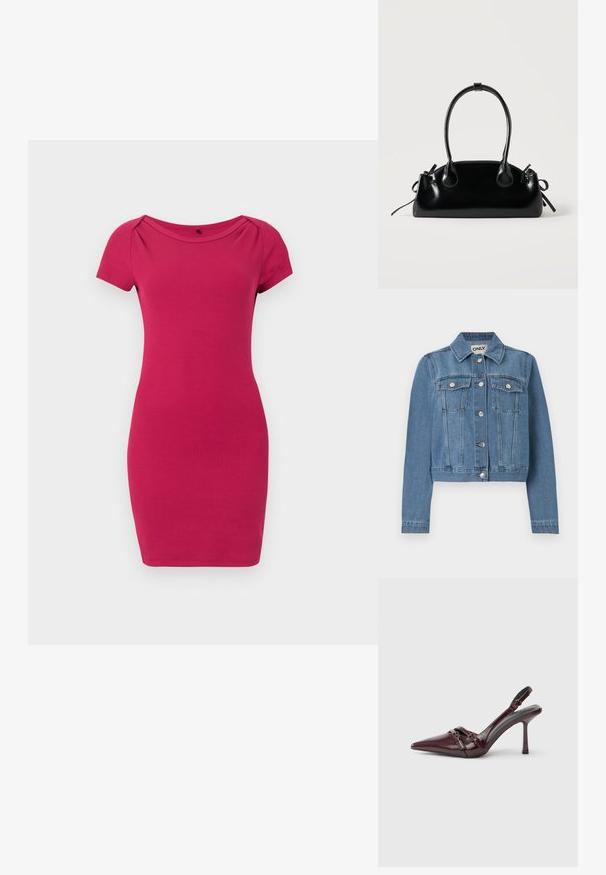 Veste en denim bleu avec fermeture à boutons, deux poches poitrine avec rabats à boutons, manches longues et col, posée à plat sur un fond blanc.; Robe ajustée à manches courtes, longueur genoux, de couleur rose vif unie, avec un col rond et de légers fronces aux épaules.; Escarpin slingback en cuir verni bordeaux avec bout pointu, fine bride à la cheville et petit détail décoratif de boucle. Texture lisse et talon haut.; Petit sac à main noir brillant avec deux longues anses et des détails à cordon sur les côtés sur un fond clair uni.