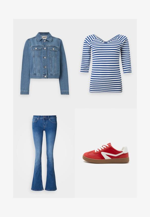 Veste en denim bleu avec fermeture à boutons, deux poches poitrine avec rabats à boutons, manches longues et col, posée à plat sur un fond blanc.; Chemise à manches longues rayée bleu et blanc avec col en V et coupe ajustée.; Jean en denim bleu évasé avec une taille mi-haute, coutures contrastantes et un design classique à cinq poches. Texture lisse, légère décoloration à l'avant.; Baskets synthétiques rouges avec accents blancs. Bout arrondi, design bas et semelle en caoutchouc texturé. Comprend des lacets blancs et un logo sur le côté.